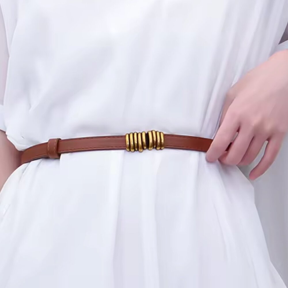 ✨ Elegant Brown Leather Slim Belt with Gold Coil Accent ✨